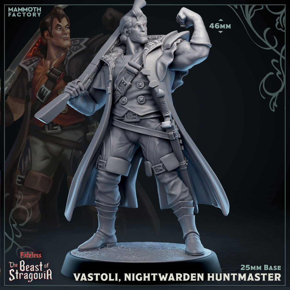 Image shows a 3D render of a human hunter gaming miniature.