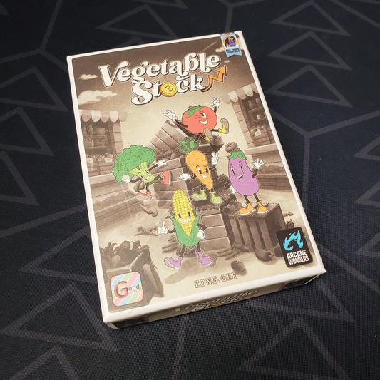 Image shows the front cover of the box of the Vegetable Stock card game