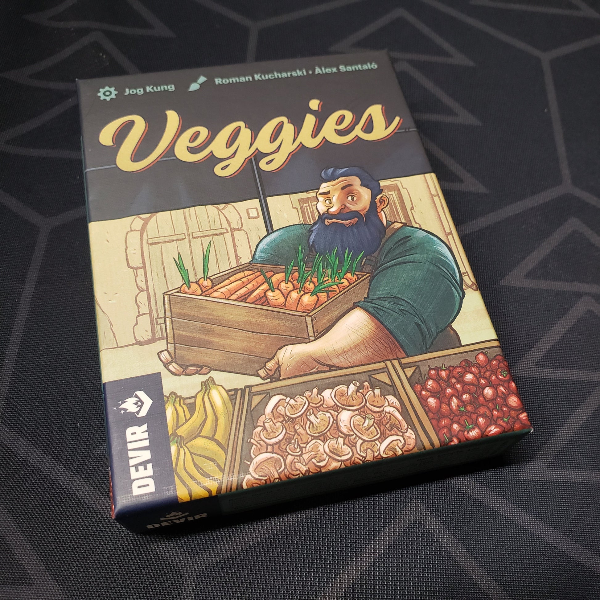 Image shows the front cover of the box for the Veggies card game