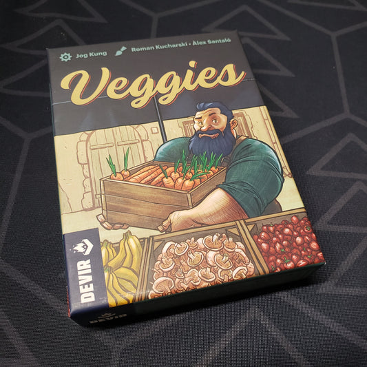 Image shows the front cover of the box for the Veggies card game