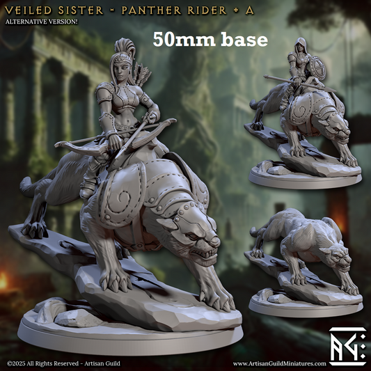 Image shows 3D renders of two sculpt options for an armored big cat cavalry unit gaming miniature.