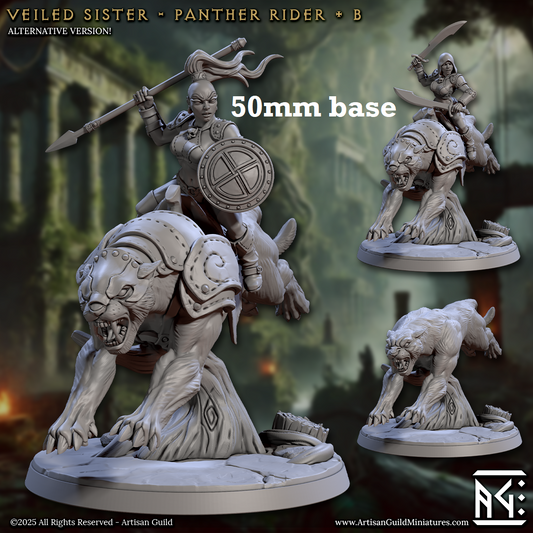 Image shows 3D renders of two sculpt options for an armored big cat cavalry unit gaming miniature.