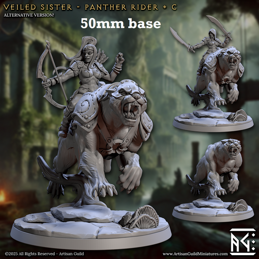 Image shows 3D renders of two sculpt options for an armored big cat cavalry unit gaming miniature.