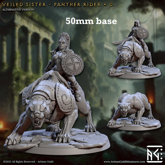 Image shows 3D renders of two sculpt options for an armored big cat cavalry unit gaming miniature.