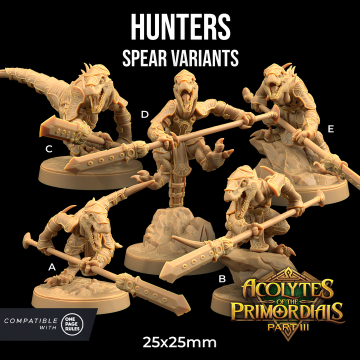 Image shows 3D renders for five different sculpt options of a velociraptor warrior gaming miniature holding a spear