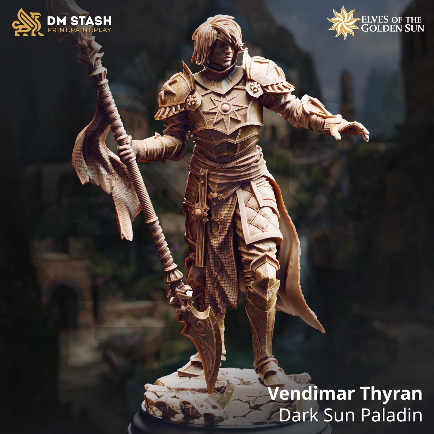 Image shows a 3D render of a elf paladin gaming miniature.