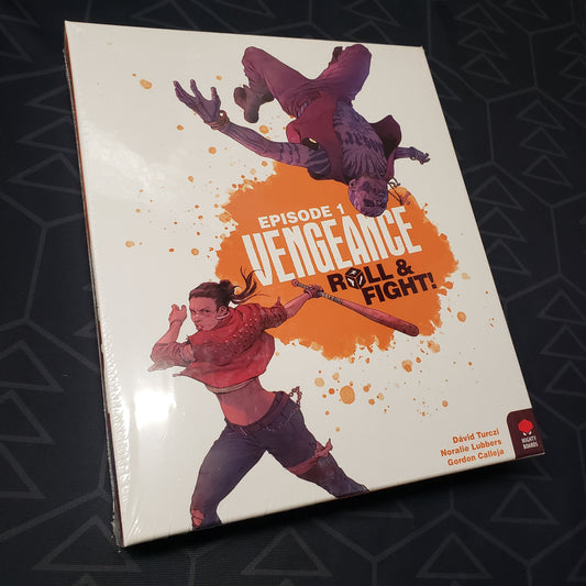 Image shows the front cover of the box for the Vengeance: Roll & Fight - Episode 1 board game