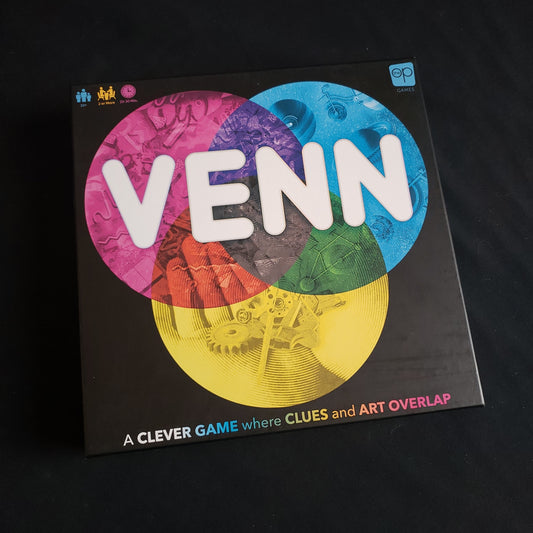 Image shows the front cover of the box of the Venn board game