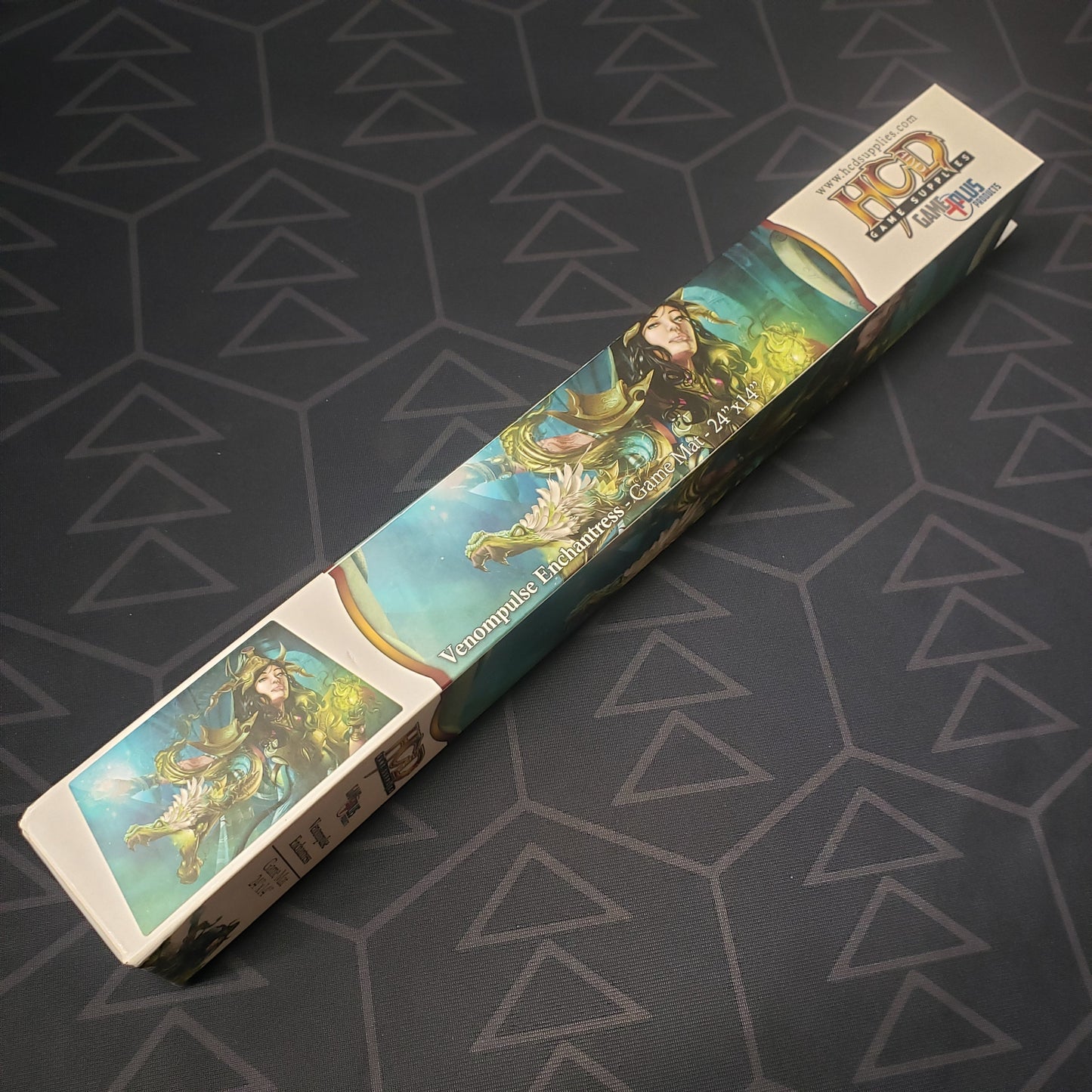 Image shows the side of the box for the Venompulse Enchantress card game playmat