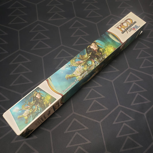 Image shows the side of the box for the Venompulse Enchantress card game playmat