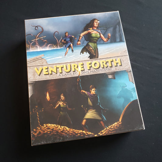 Image shows the front cover of the box of the Venture Forth board game