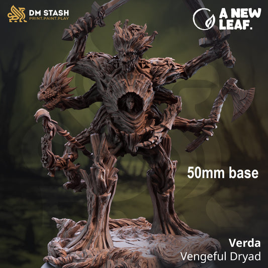 Image shows a 3D render of a dryad gaming miniature holding weapons and a decapitated lizardman head