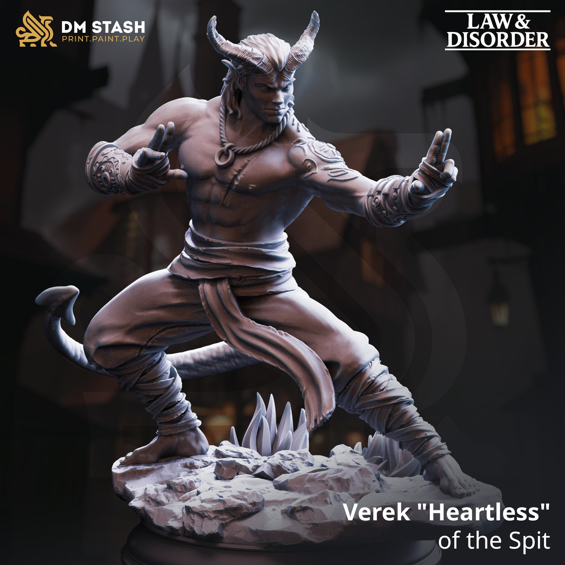 Image shows a 3D render of a tiefling monk gaming miniature.