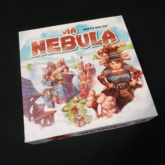 Image shows the front cover of the box of the Via Nebula board game