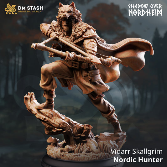 Image shows a 3D render of a human ranger gaming miniature wearing a wolf pelt