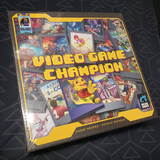 Image shows the front cover of the box for the Video Game Champion board game