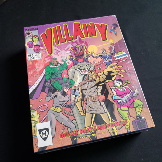 Image shows the front cover of the box of the Villainy board game
