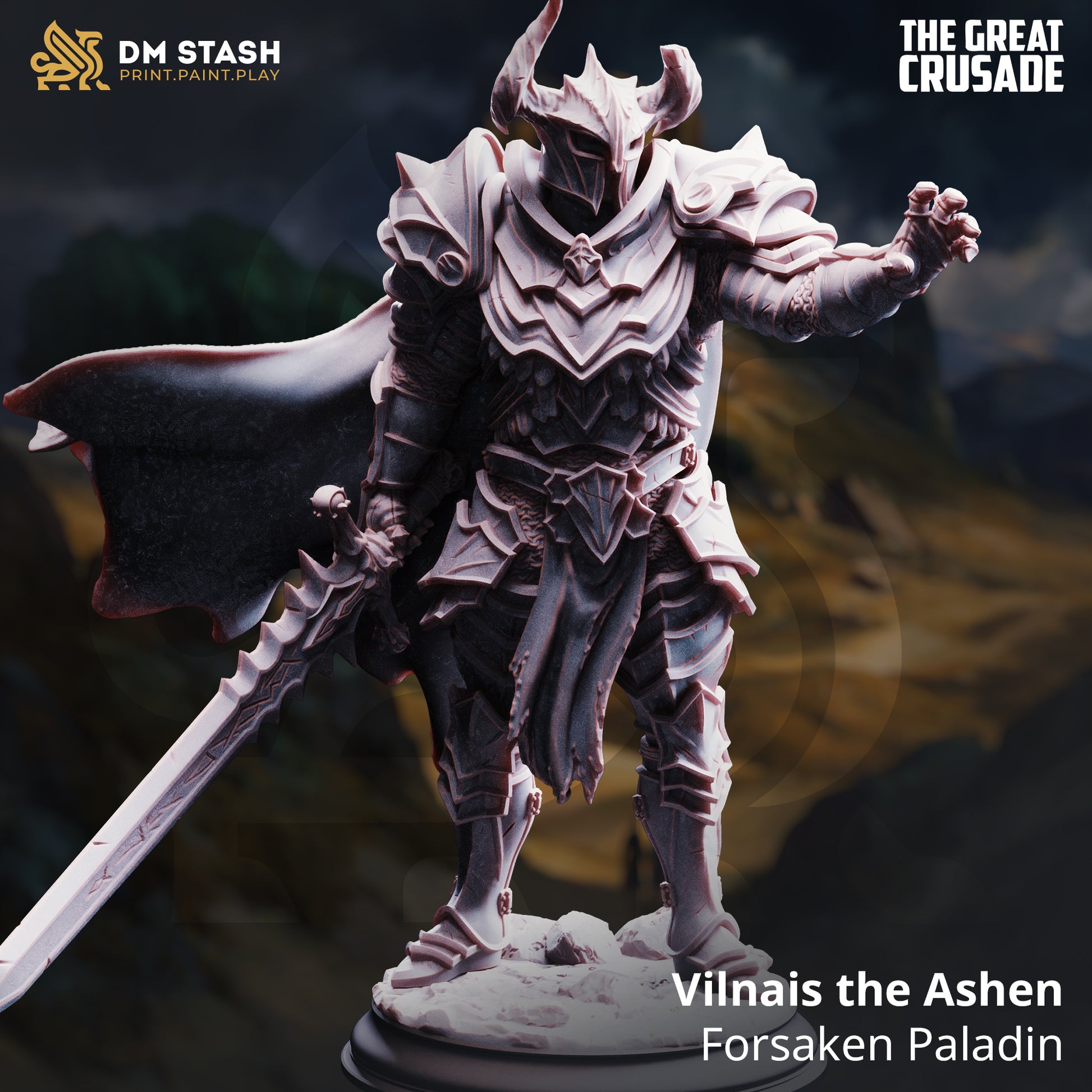 Image shows a 3D render of a dark elf knight gaming miniature.
