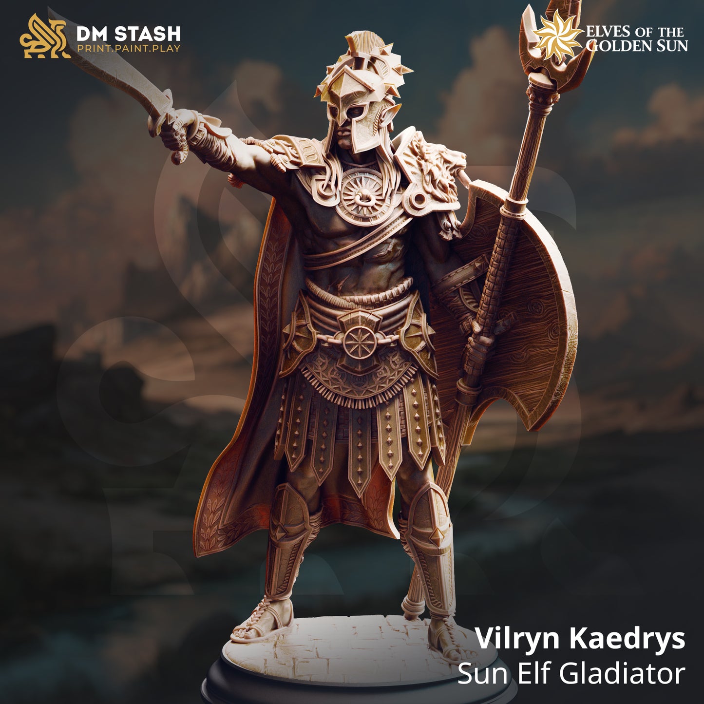 Image shows a 3D render of a elf gladiator gaming miniature.