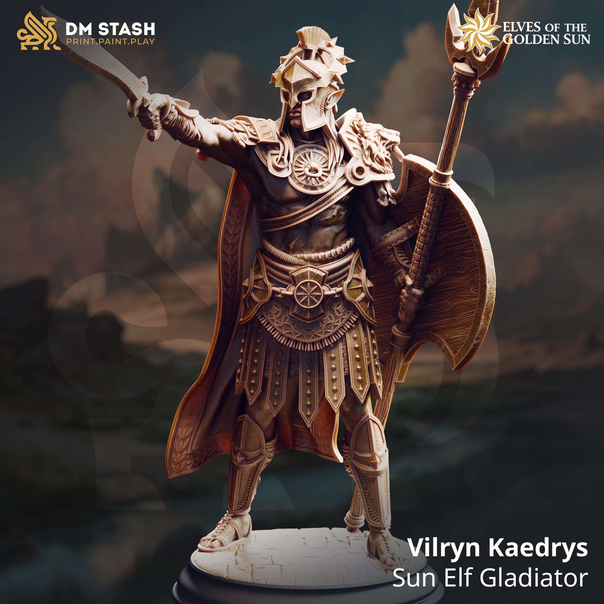 Image shows a 3D render of a elf gladiator gaming miniature.