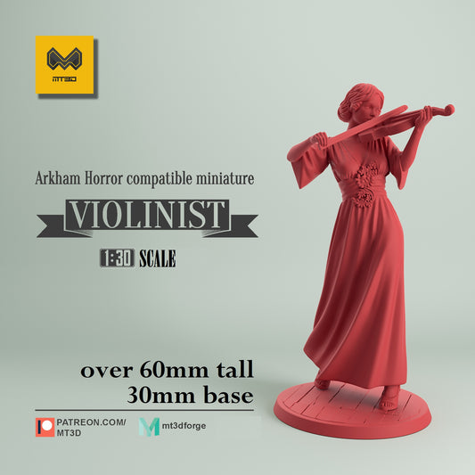 Image shows a 3D render of a 1920s era violinist gaming miniature.