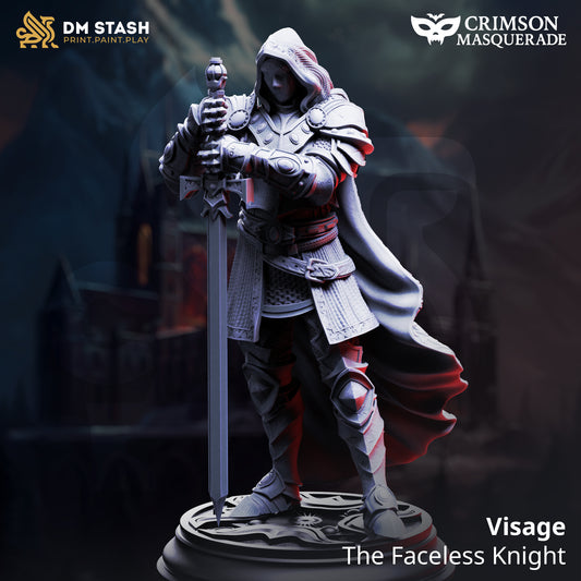 Image shows a 3D render of a faceless knight gaming miniature.