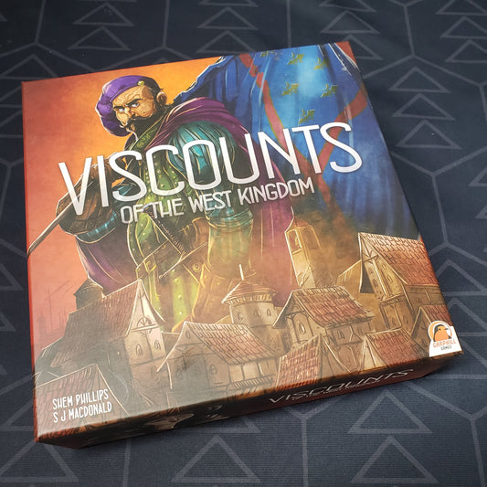 Image shows the front cover of the box for the Viscounts of the West Kingdom board game
