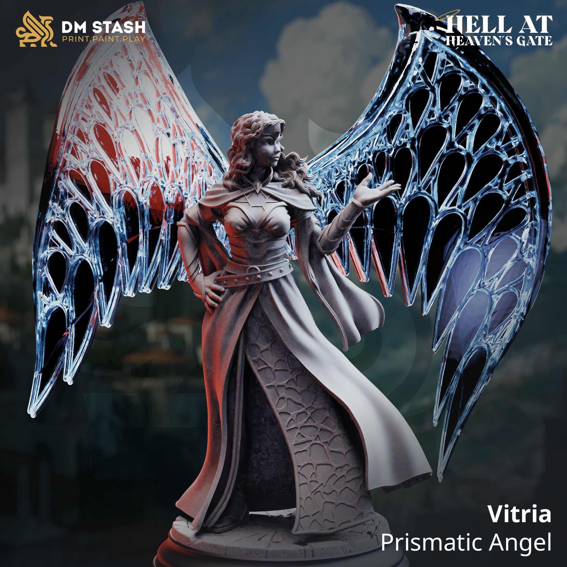 Image shows a 3D render of a angel cleric gaming miniature.