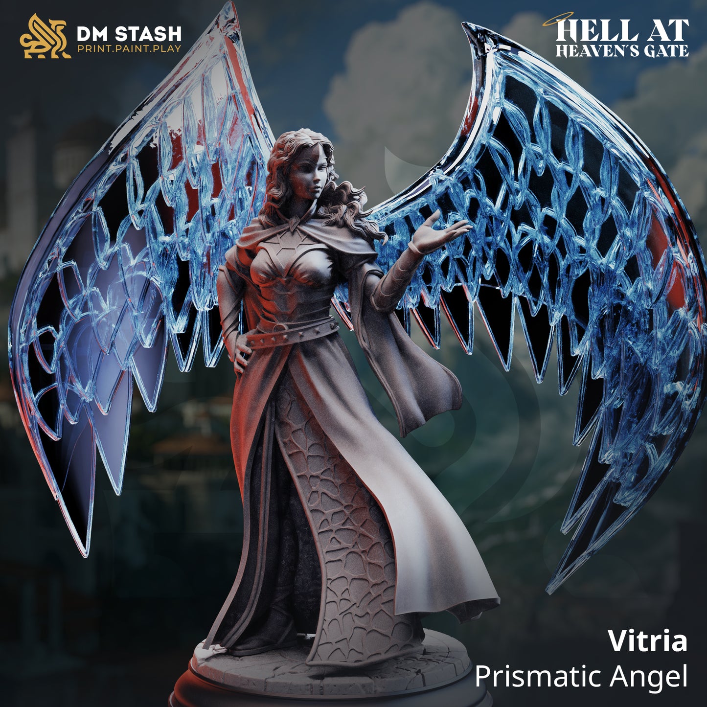 Image shows a 3D render of a angel cleric gaming miniature.