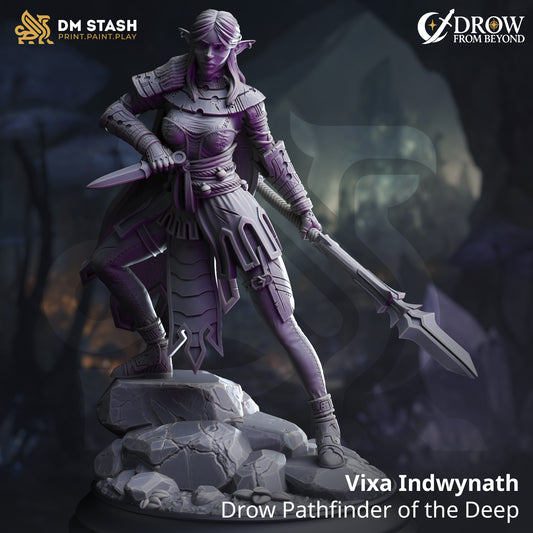 Image shows a 3D render of a drow druid gaming miniature.