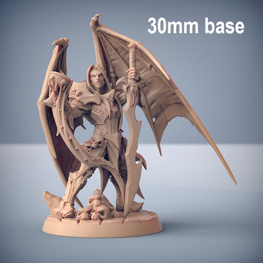 Image shows an 3D render of a winged vampire hero gaming miniature, holding a larged sword in one hand and a bowl with blood magic in the other