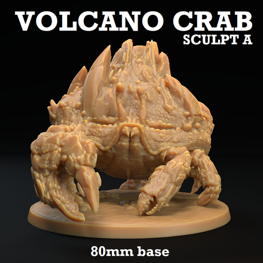 Image shows a 3D render of a crab gaming miniature whose shell is a volcano