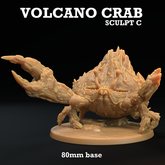 Image shows a 3D render of a crab gaming miniature whose shell is a volcano