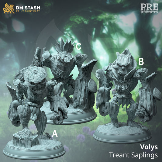 image shows 3D renders of three different options for treant sapling gaming miniatures