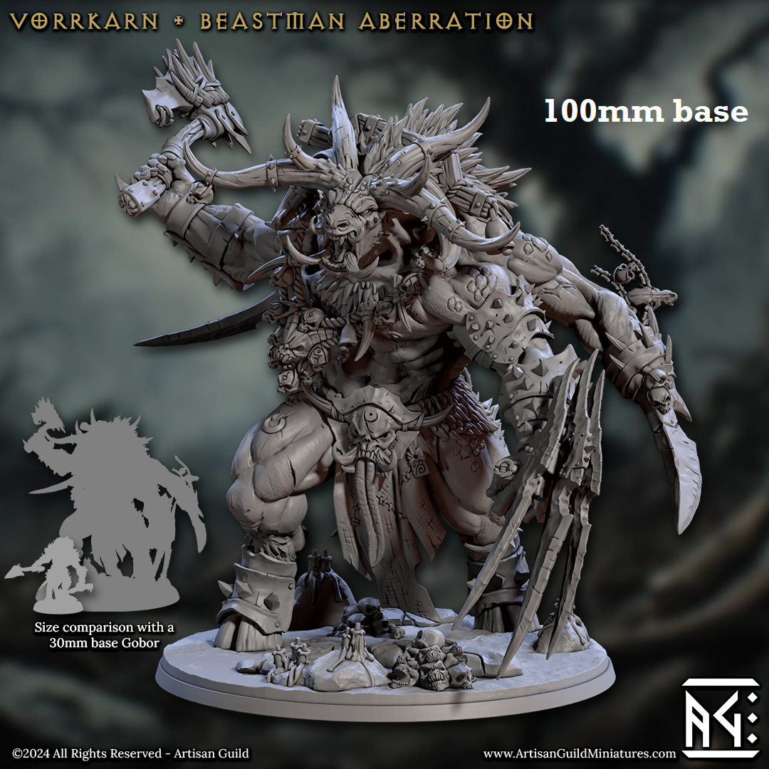 Image shows a 3D render for a four-armed minotaur aberration gaming miniature