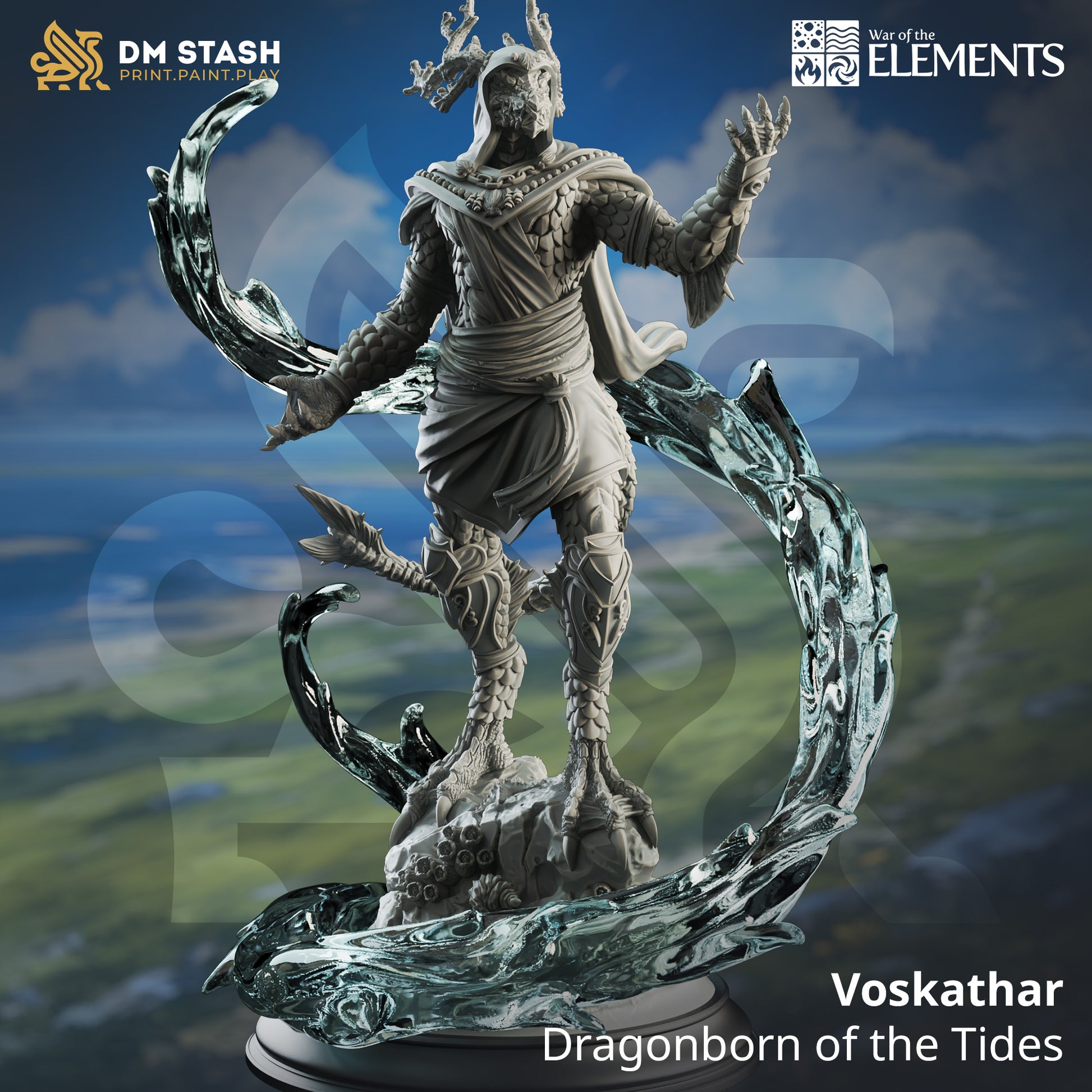 Image shows an 3D render of a dragonborn mage gaming miniature conjuring water