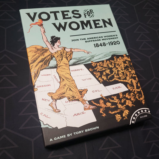 Image shows the front cover of the box for the Votes for Women board game