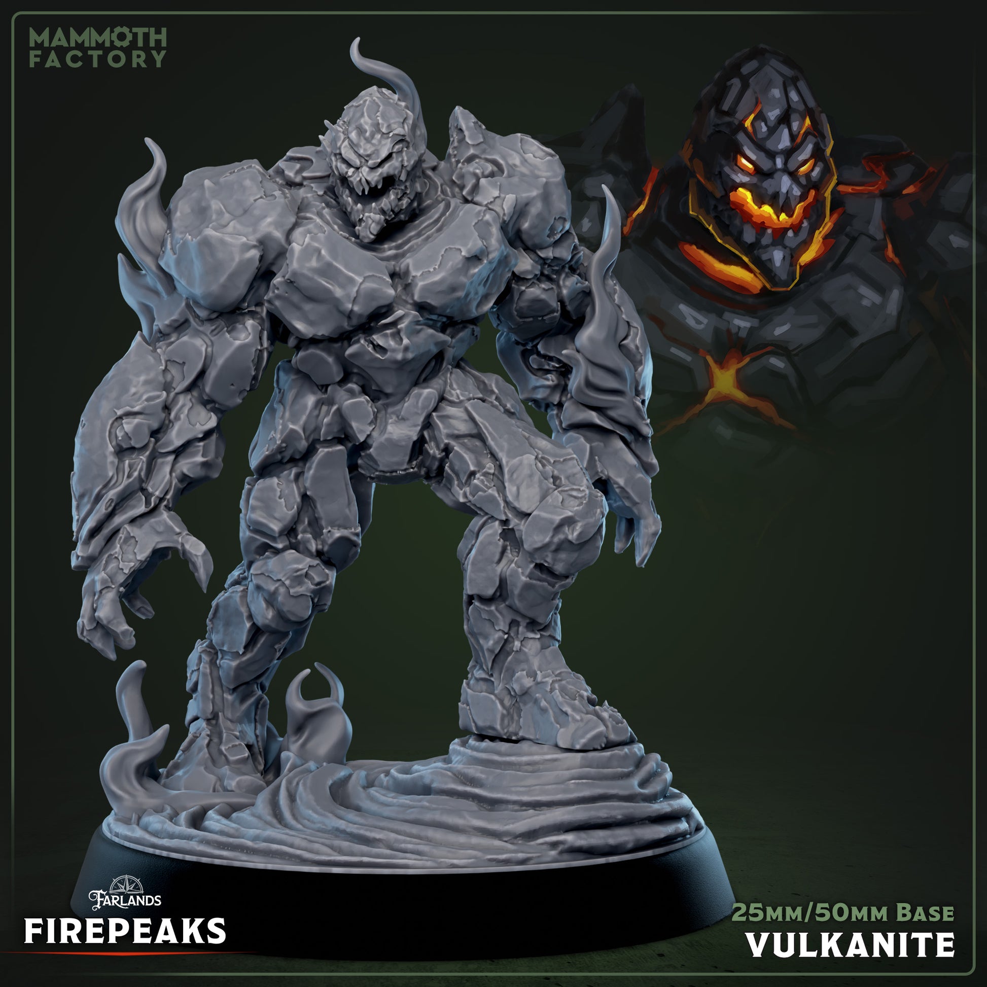 Image shows a 3D render of a magma elemental gaming miniature.