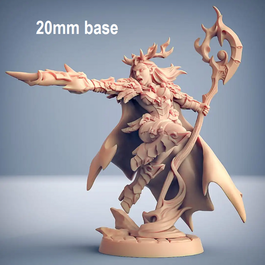 Image shows an 3D render of a elf druid gaming miniature in an action pose, holding a staff in one hand and a beam of magic coming out of the other hand