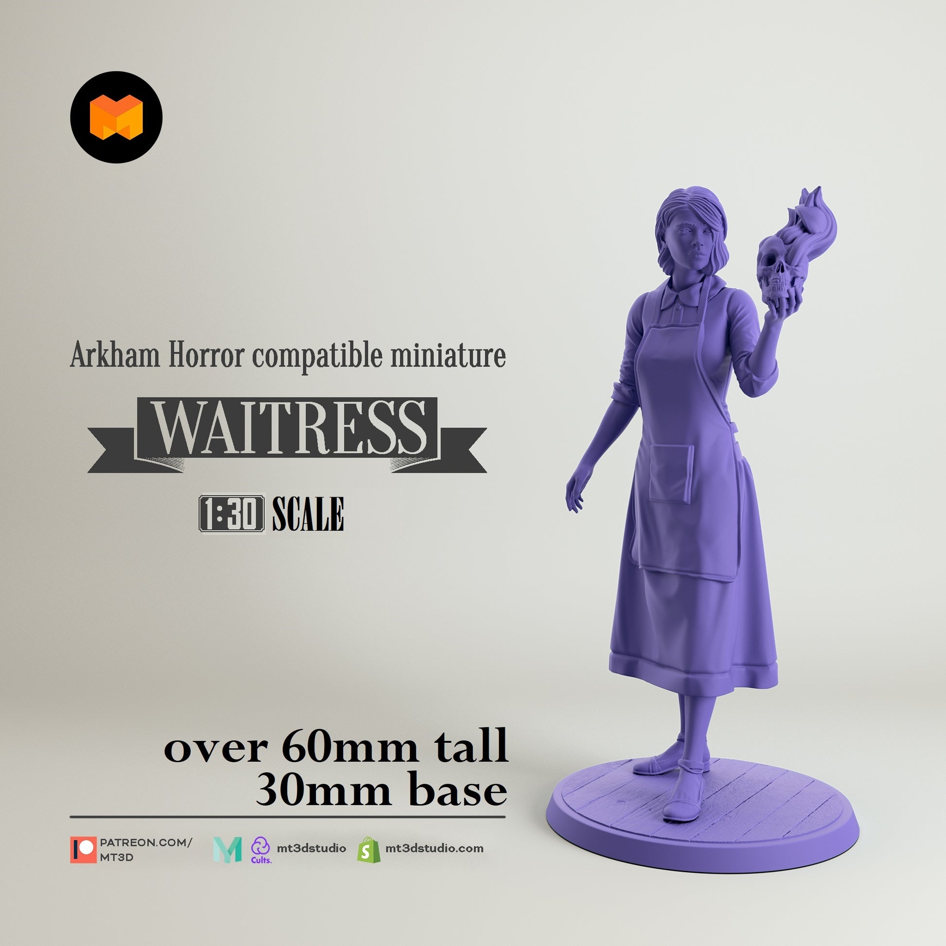 Image shows a 3D render of a 1920s-era waitress gaming miniature holding a flaming skull