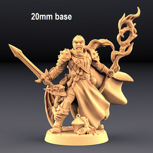 Image shows an 3D render of a human rogue wizard gaming miniature holding a sword and staff with a goblin hiding behind him