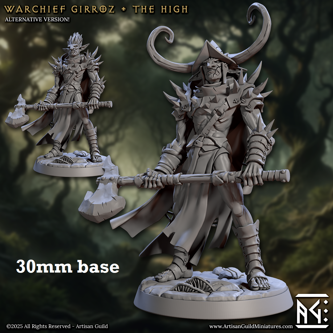 Image shows 3D renders for two different sculpt options for a hobgoblin warlord gaming miniature