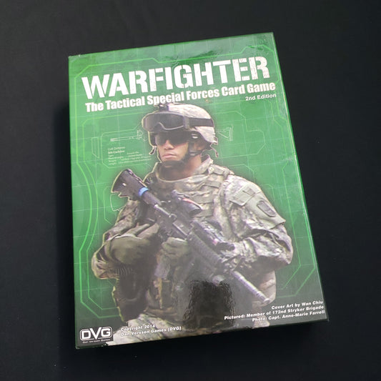 Image shows the front cover of the box of the Warfighter coard game