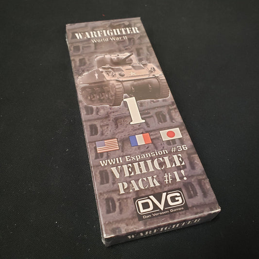 Image shows the front of the package for the Vehicle Pack #1 Expansion Pack for the Warfighter: WWII card game