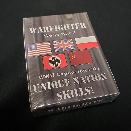 Image shows the front of the package for the Unique Nation Skills Expansion Pack for the Warfighter: WWII card game