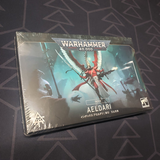 Image shows the front cover of the Warhammer 40,000 (Tenth Edition): Aeldari Index Cards wargaming deck