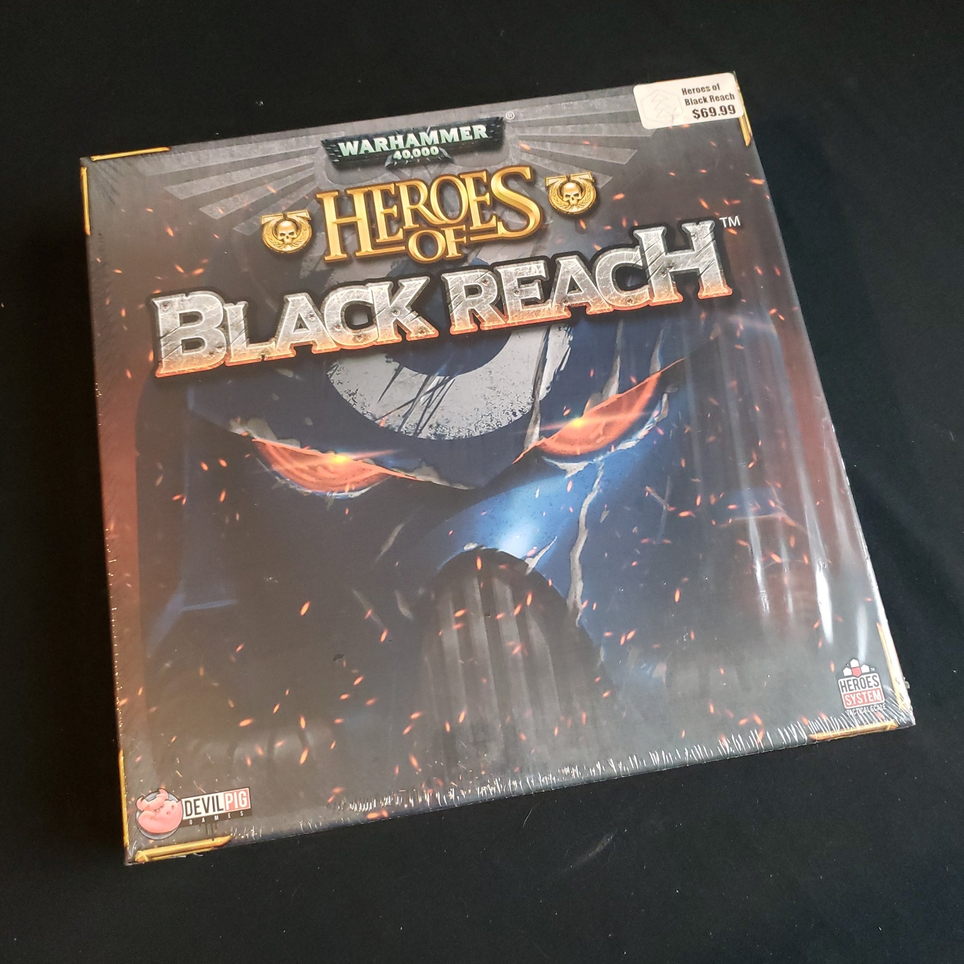 Image shows the front cover of the box of the Heroes of Black Reach board game