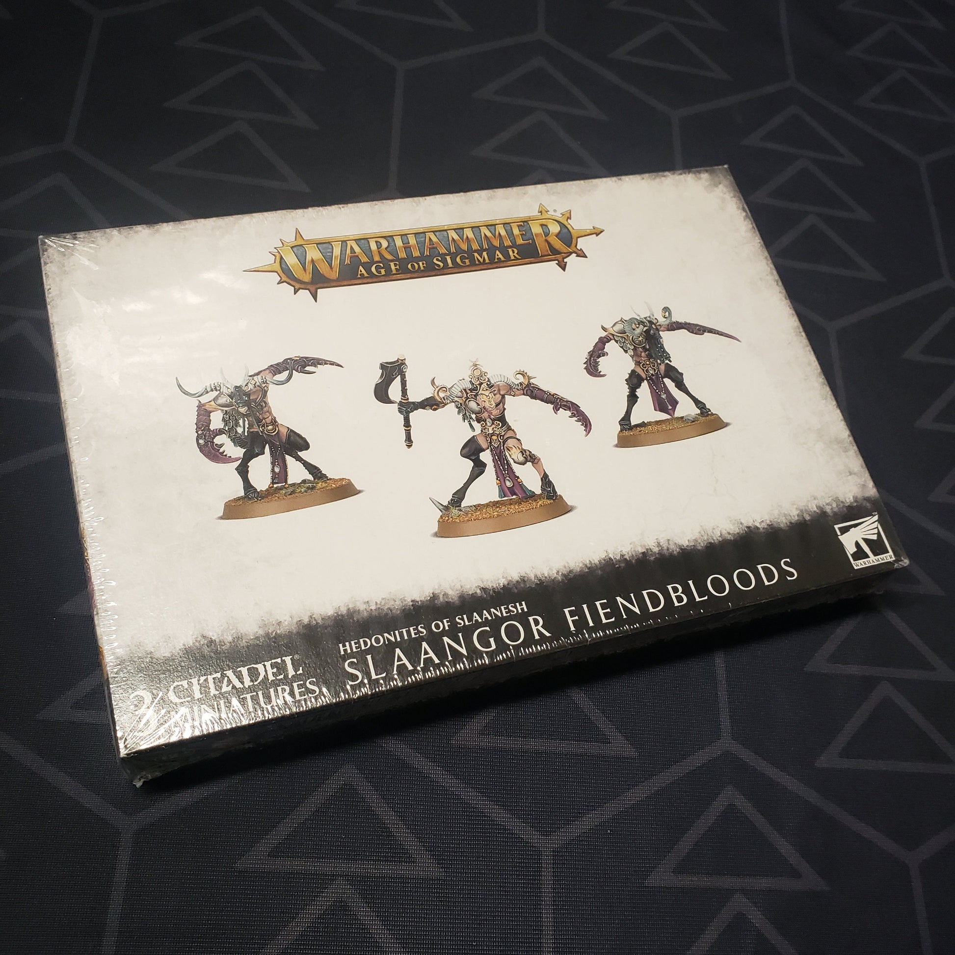 Image shows the front cover of the box of the Hedonites of Slaanesh: Slaangor Fiendbloods pack for the miniatures game Warhammer Age of Sigmar