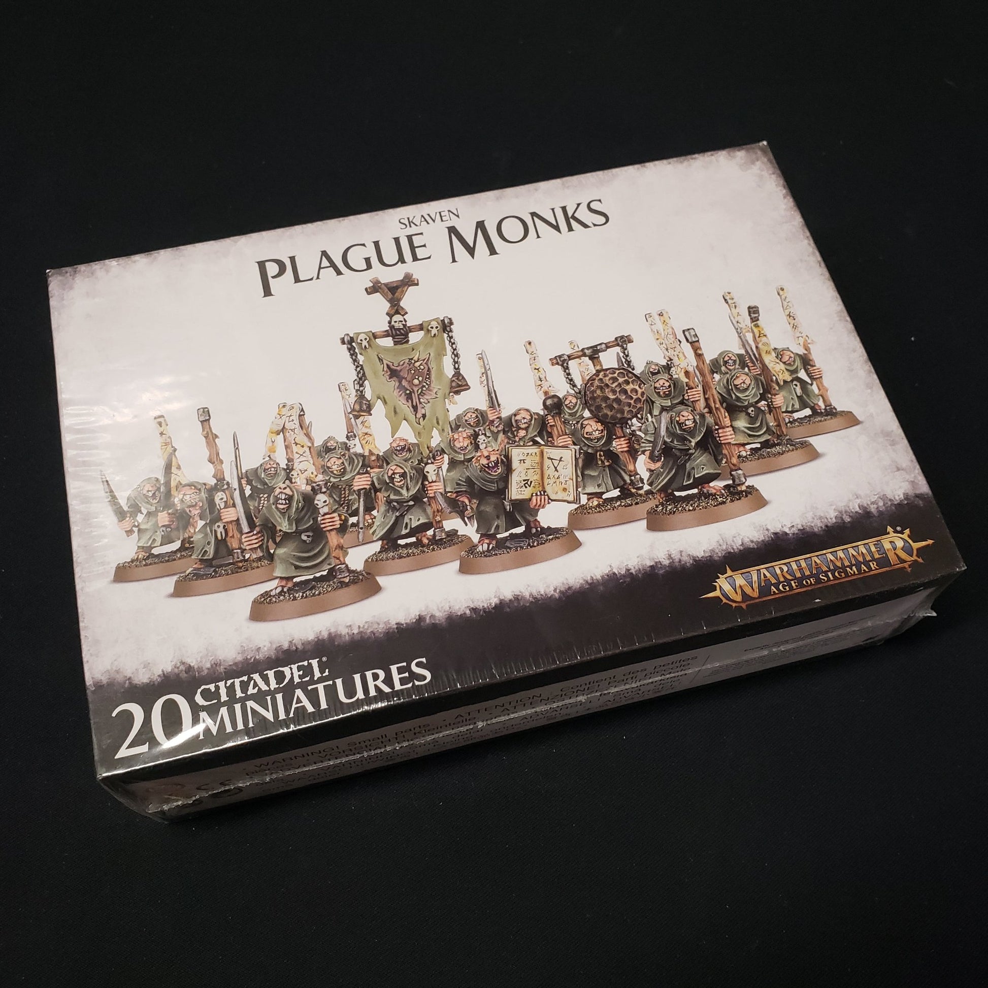 Image shows the front of the package for the Skaven Plague Monks expansion pack for the Warhammer: Age of Sigmar miniatures game
