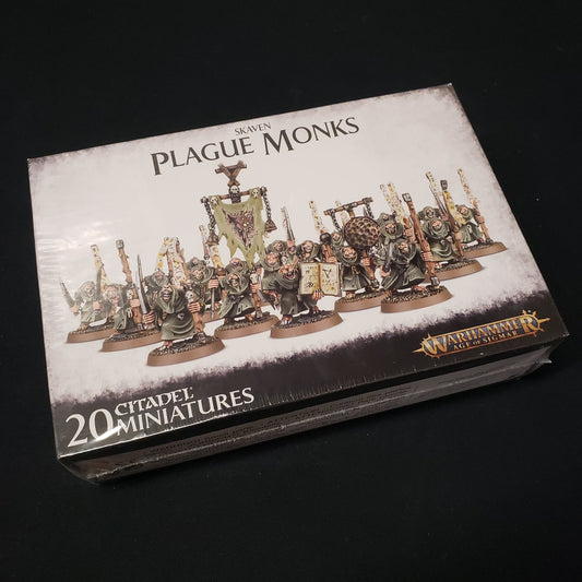 Image shows the front of the package for the Skaven Plague Monks expansion pack for the Warhammer: Age of Sigmar miniatures game